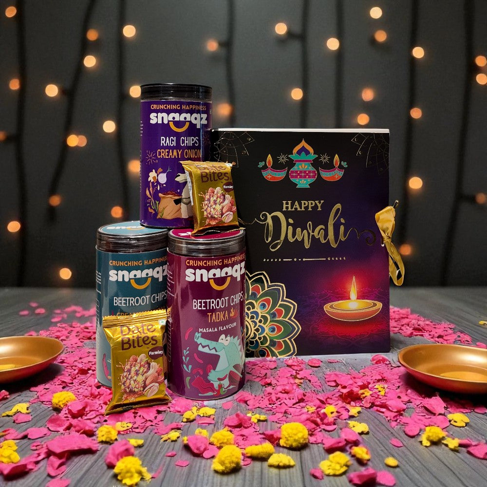 SNAAQZ Diwali Gift Hamper | 5-in-1 Healthy Snack Box with Beetroot Chips Cream & Onion, Beetroot Masala Chips, Ragi Chips Cream & Onion & 2 Date Bites
