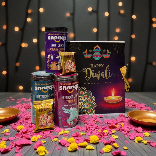 SNAAQZ Diwali Gift Hamper | 5-in-1 Healthy Snack Box with Beetroot Chips Cream & Onion, Beetroot Masala Chips, Ragi Chips Cream & Onion & 2 Date Bites