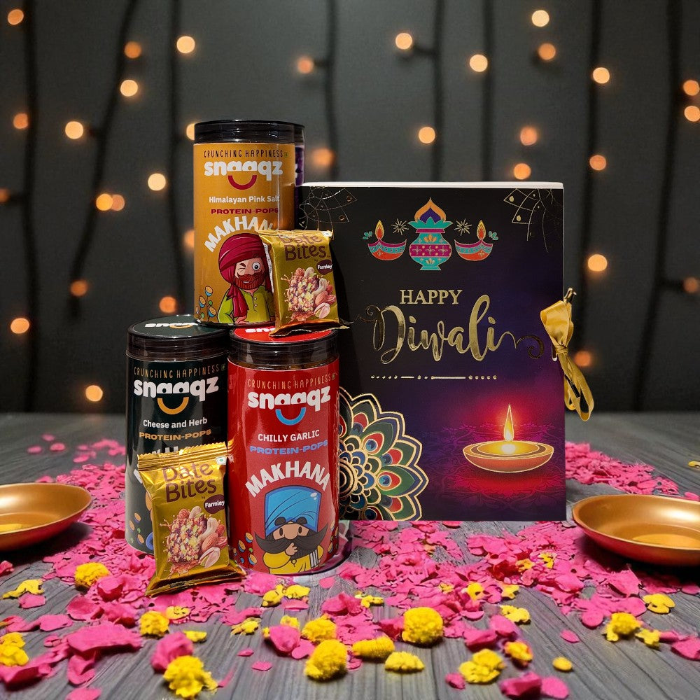 SNAAQZ Gift Hamper | 5-in-1 Healthy Snack Box with Cheese & Herbs Makhana, Chilly Garlic Makhana, Himalayan Pink Salt Makhana & 2 Date Bites