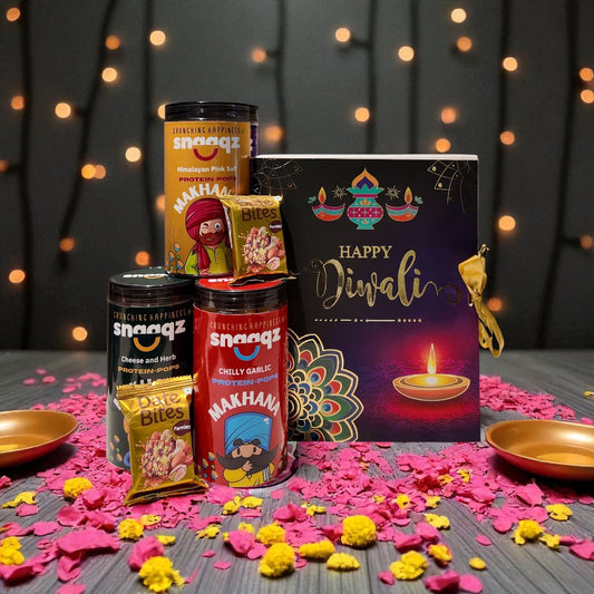 SNAAQZ Diwali Gift Hamper | 5-in-1 Healthy Snack Box with Cheese & Herbs Makhana, Chilly Garlic Makhana, Himalayan Pink Salt Makhana & 2 Date Bites