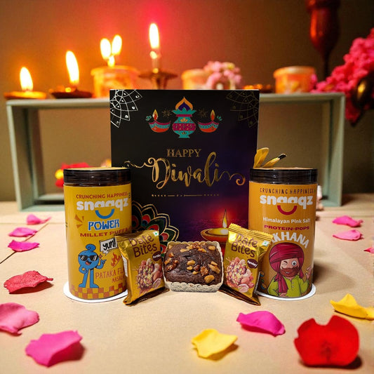 SNAAQZ Diwali Gift Hamper | 5-in-1 Healthy Snack Box with Power Millet Puffs, Himalayan Pink Salt Makhana, 2 Date Bites & 1 Mini Dry Cake