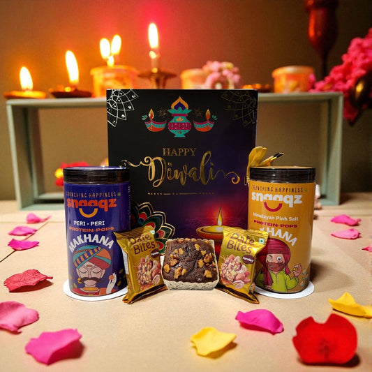 SNAAQZ Diwali Gift Hamper | 5-in-1 Healthy Snack Box with Peri Peri Makhana, Himalayan Pink Salt Makhana, 2 Date Bites & 1 Mini Dry Cake