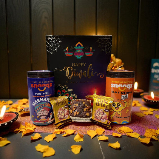 SNAAQZ Diwali Gift Hamper | 5-in-1 Healthy Snack Box with Peri Peri Makhana, Peri Peri Oat Chips, 2 Date Bites & 1 Mini Dry Cake