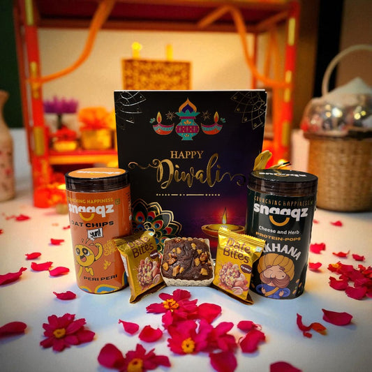 SNAAQZ Diwali Gift Hamper | 5-in-1 Healthy Snack Box with Peri Peri Oat Chips, Cheese & Herbs Makhana, 2 Date Bites & 1 Mini Dry Cake
