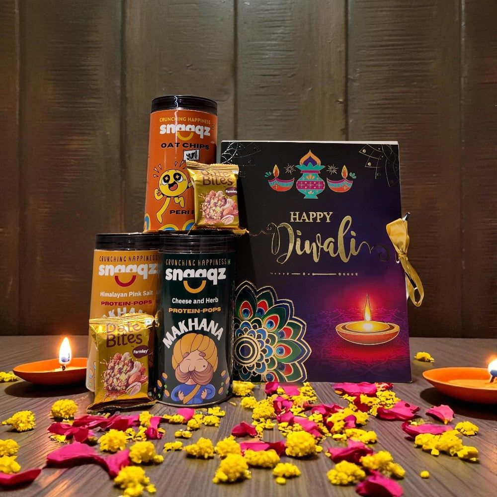 SNAAQZ Diwali Gift Hamper | 5-in-1 Healthy Snack Box with Peri Peri Oat Chips, Himalayan Pink Salt Makhana, Cheese & Herbs Makhana & 2 Date Bites
