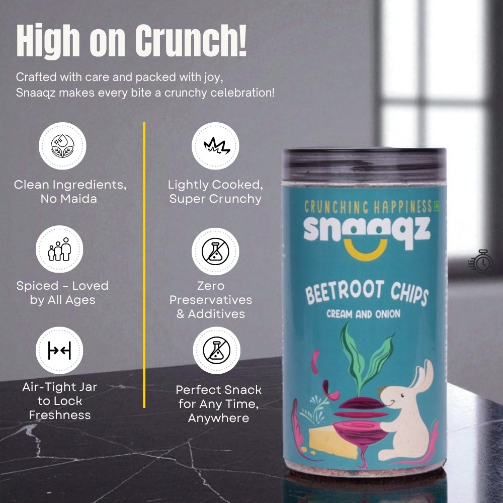 Healthy SNAAQZ Cream & Onion Beetroot Chips 150g – High Fiber Crunchy Snack