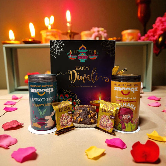 SNAAQZ Diwali Gift Hamper | 5-in-1 Healthy Snack Box with Beetroot Chips Cream & Onion, Himalayan Pink Salt Makhana, 2 Date Bites & 1 Mini Dry Cake