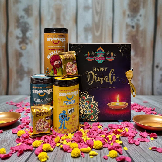 SNAAQZ Diwali Gift Hamper | 5-in-1 Healthy Snack Box with Beetroot Chips Cream & Onion, Power Millet Puffs, Himalayan Pink Salt Makhana & 2 Date Bites