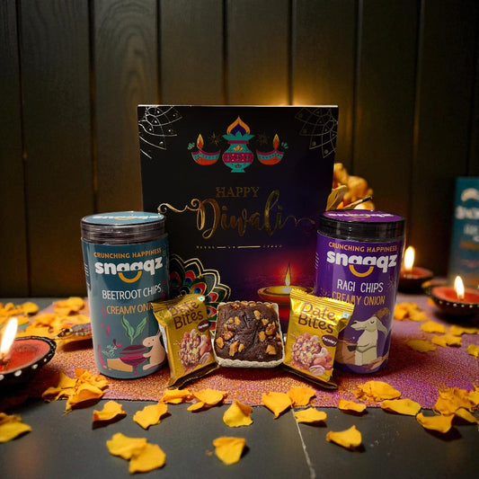 SNAAQZ Diwali Gift Hamper | 5-in-1 Healthy Snack Box with Beetroot Chips Cream & Onion, Ragi Chips Cream & Onion, 2 Date Bites & 1 Mini Dry Cake