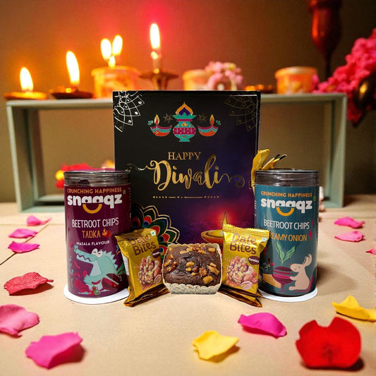 SNAAQZ Diwali Gift Hamper | 5-in-1 Healthy Snack Box with Beetroot Masala Chips, Beetroot Chips Cream & Onion, 2 Date Bites & 1 Mini Dry Cake