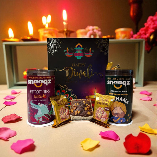 SNAAQZ Diwali Gift Hamper | 5-in-1 Healthy Snack Box with Beetroot Masala Chips, Cheese & Herbs Makhana, 2 Date Bites & 1 Mini Dry Cake