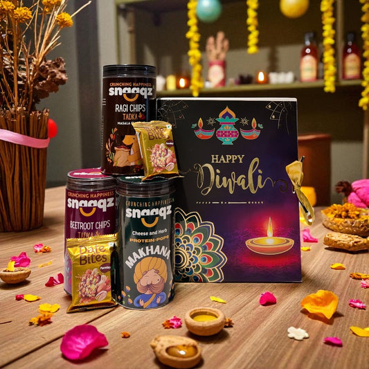 SNAAQZ Diwali Gift Hamper | 5-in-1 Healthy Snack Box with Beetroot Masala Chips, Cheese & Herbs Makhana, Ragi Chips Masala & 2 Date Bites