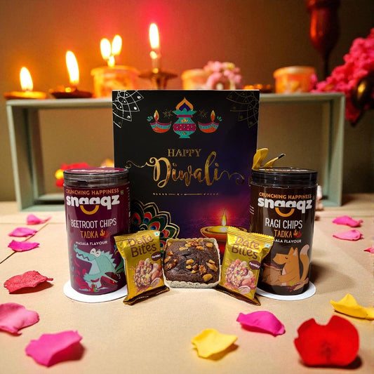 SNAAQZ Diwali Gift Hamper | 5-in-1 Healthy Snack Box with Beetroot Masala Chips, Ragi Chips Masala, 2 Date Bites & 1 Mini Dry Cake