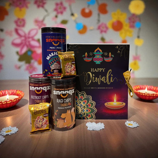 SNAAQZ Diwali Gift Hamper | 5-in-1 Healthy Snack Box with Beetroot Masala Chips, Ragi Chips Masala, Power Millet Puffs & 2 Date Bites