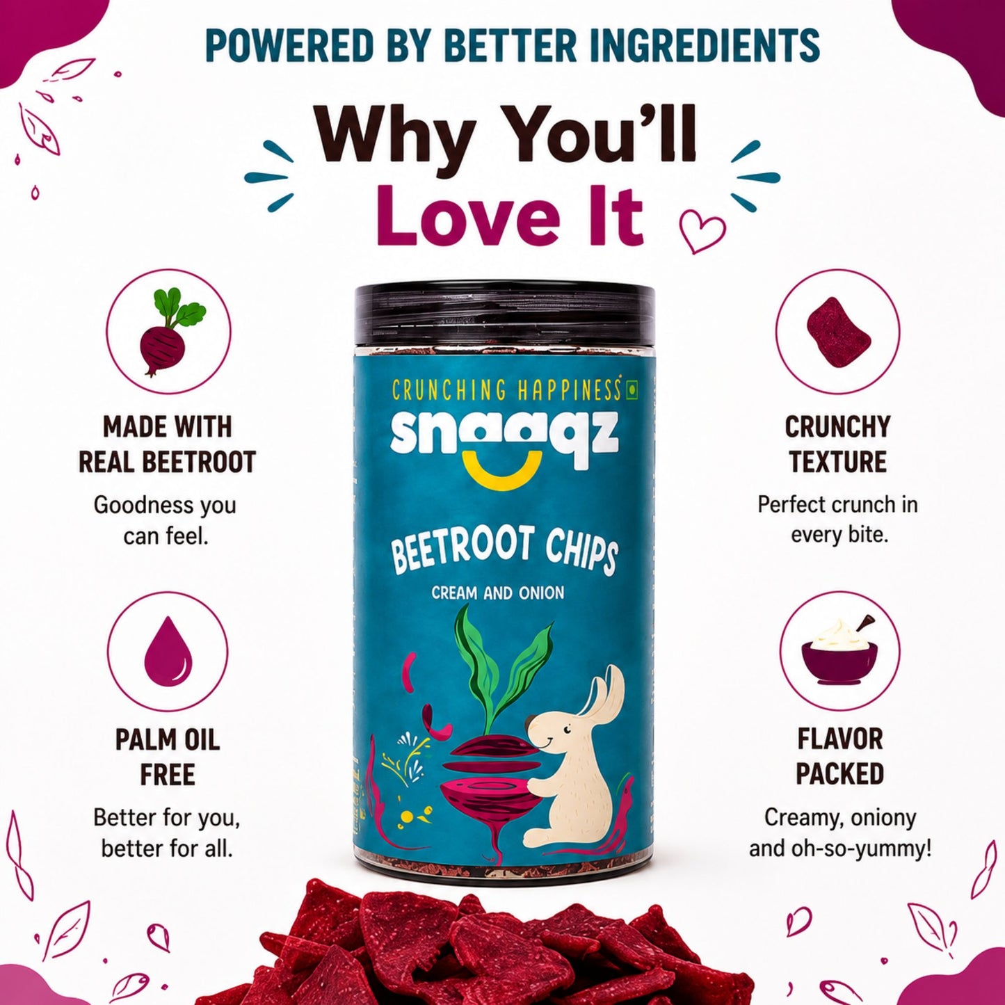 SNAAQZ Beetroot Cream & Onion Chips  | 150 gms