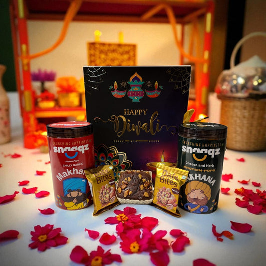 SNAAQZ Diwali Gift Hamper | 5-in-1 Healthy Snack Box with Chilly Garlic Makhana, Cheese & Herbs Makhana, 2 Date Bites & 1 Mini Dry Cake