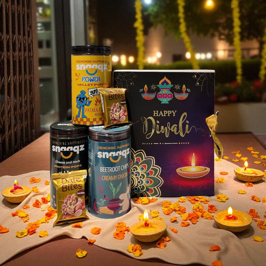 SNAAQZ Diwali Gift Hamper | 5-in-1 Healthy Snack Box with Cheese & Herbs Makhana, Beetroot Chips Cream & Onion, Power Millet Puffs & 2 Date Bites