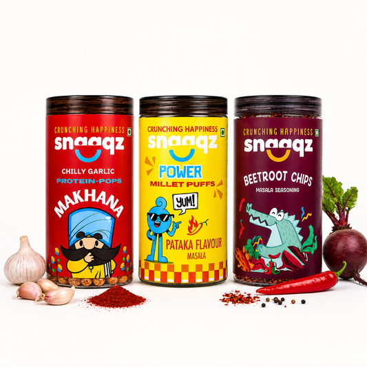 SNAAQZ Travel-Friendly Combo – Power Millet Puffs, Chilly Garlic Makhana & Beetroot Chips Masala