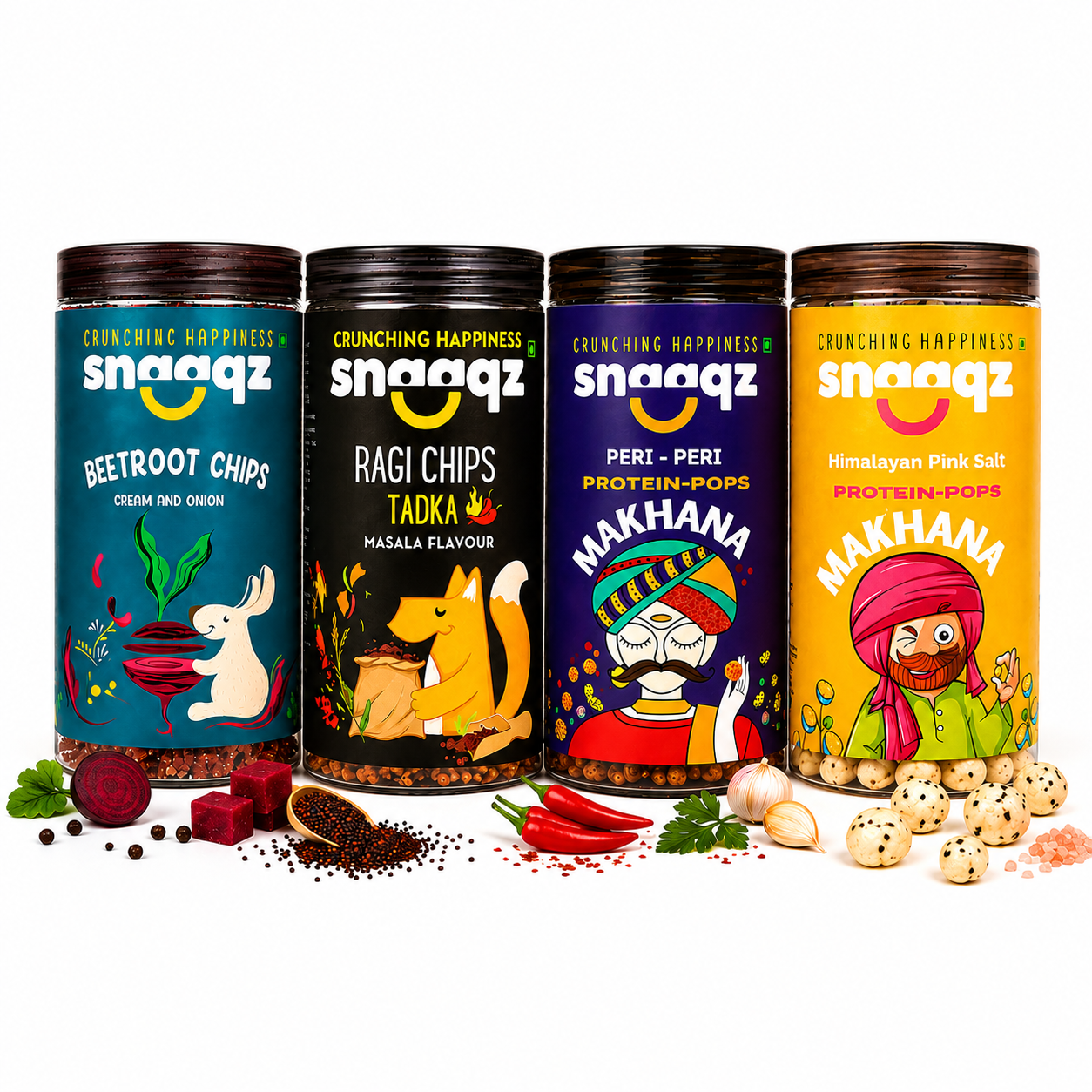 SNAAQZ Combo – Beetroot Chips Cream & Onion, Ragi Chips Masala, Peri Peri Makhana & Himalayan Pink Salt Makhana