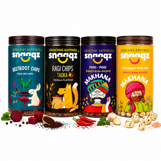 SNAAQZ Combo – Beetroot Chips Cream & Onion, Ragi Chips Masala, Peri Peri Makhana & Himalayan Pink Salt Makhana
