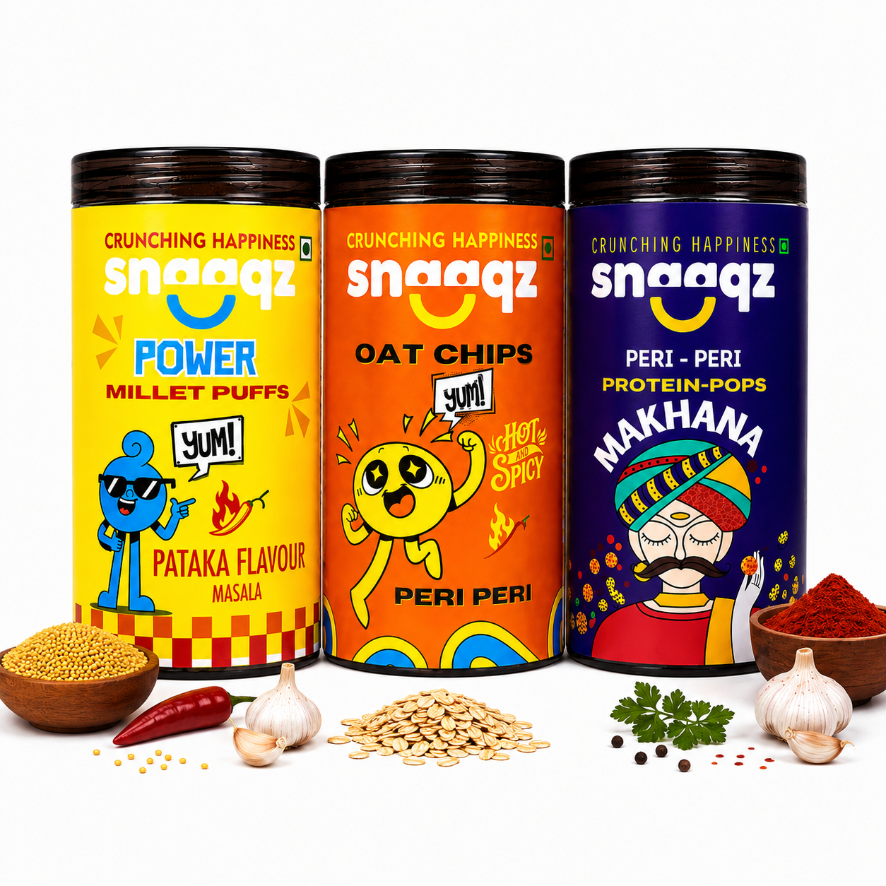 SNAAQZ Spicy Cravings Combo – Peri Peri Makhana, Peri Peri Oat Chips & Power Millet Puffs