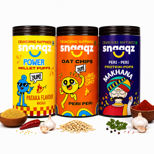 SNAAQZ Spicy Cravings Combo – Peri Peri Makhana, Peri Peri Oat Chips & Power Millet Puffs