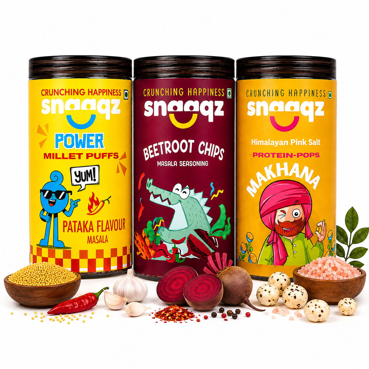 SNAAQZ Combo – Power Millet Puffs, Beetroot Masala Chips & Himalayan Pink Salt Makhana