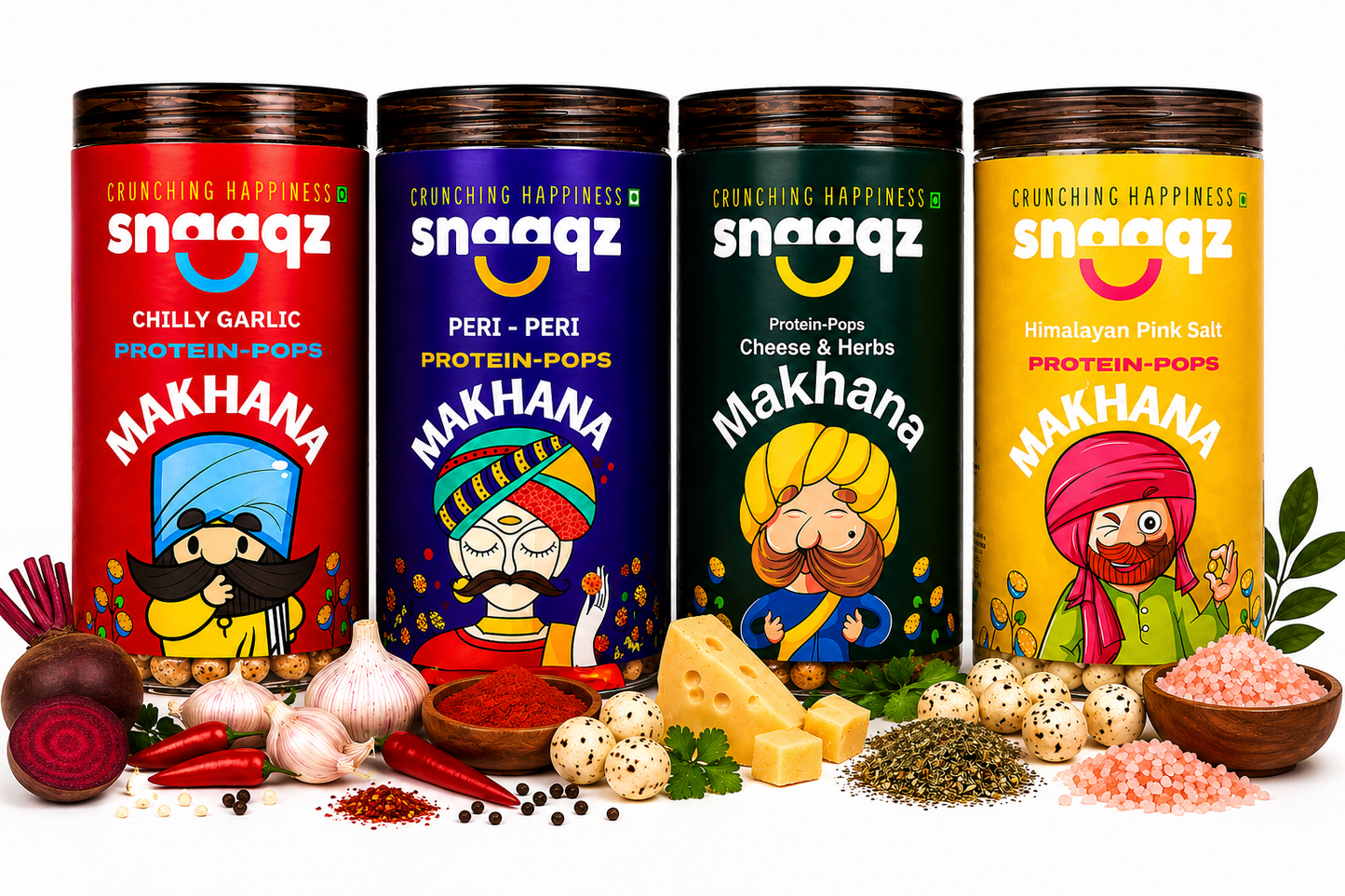 SNAAQZ Makhana Combo – Himalayan Pink Salt, Peri Peri, Chilly Garlic & Cheese & Herbs | 4 x 70 gms