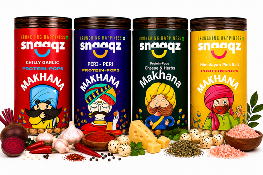 SNAAQZ Makhana Combo – Himalayan Pink Salt, Peri Peri, Chilly Garlic & Cheese & Herbs | 4 x 70 gms