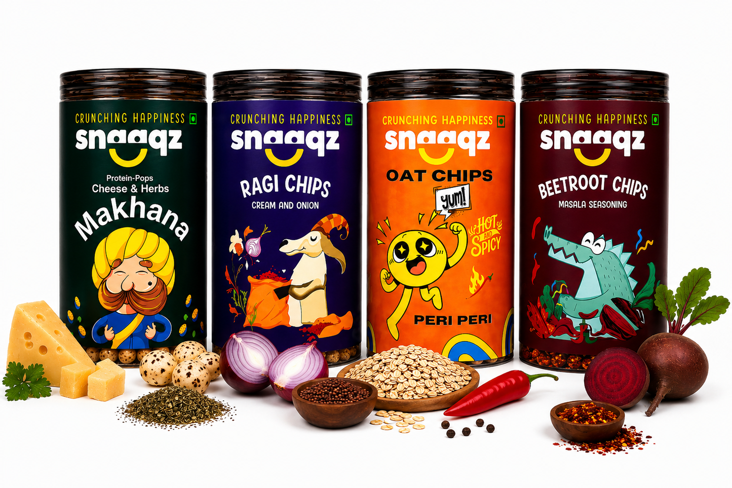 SNAAQZ Combo – Ragi Chips, Beetroot Chips, Cheese & Herbs Makhana & Power Millet Puffs