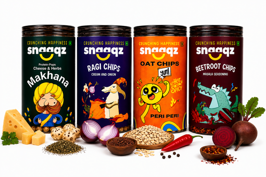 SNAAQZ Combo – Ragi Chips, Beetroot Chips, Cheese & Herbs Makhana & Power Millet Puffs
