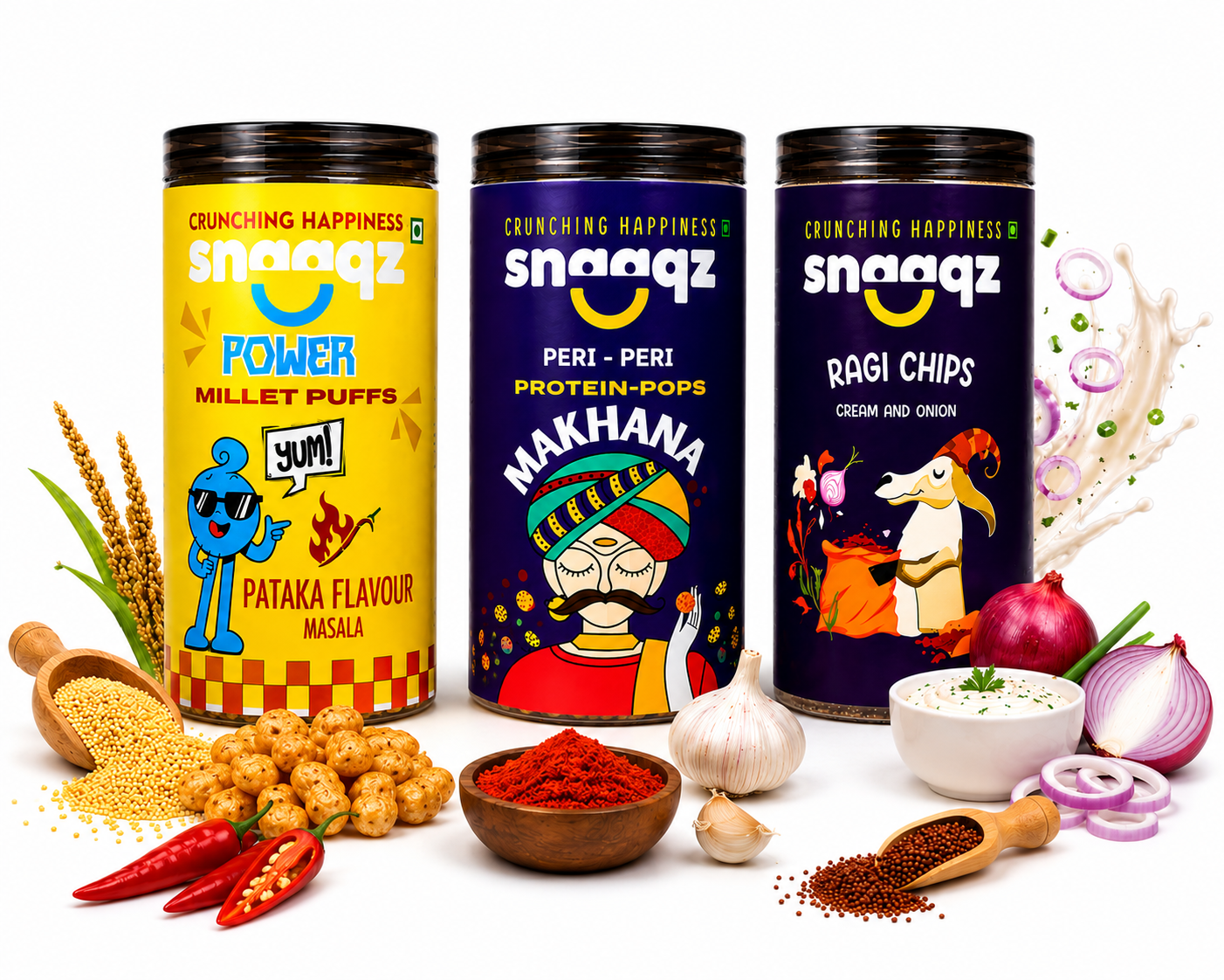 SNAAQZ Ultimate Healthy Snacking Combo – Ragi Chips, Peri Peri Makhana & Power Millet Puffs