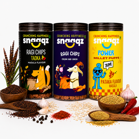 SNAAQZ Combo – Power Millet Puffs, Ragi Chips Cream & Onion & Ragi Chips Masala