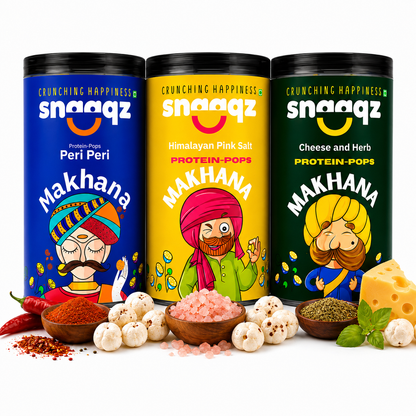 SNAAQZ Balanced Makhana Combo – Himalayan Pink Salt, Peri Peri & Cheese & Herbs | 3 x 70 gms