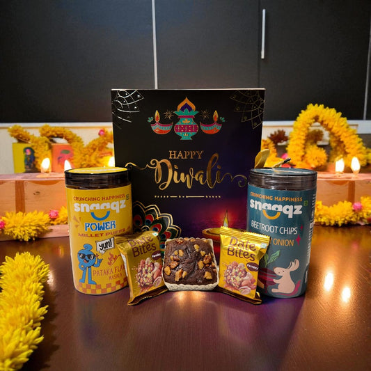 SNAAQZ Diwali Gift Hamper | 5-in-1 Healthy Snack Box with Power Millet Puffs, Beetroot Chips Cream & Onion, 2 Date Bites & 1 Mini Dry Cake