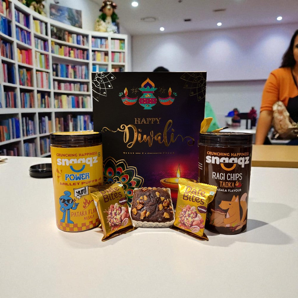 SNAAQZ Gift Hamper | 5-in-1 Healthy Snack Box with Power Millet Puffs, Ragi Chips Masala, 2 Date Bites & 1 Mini Dry Cake
