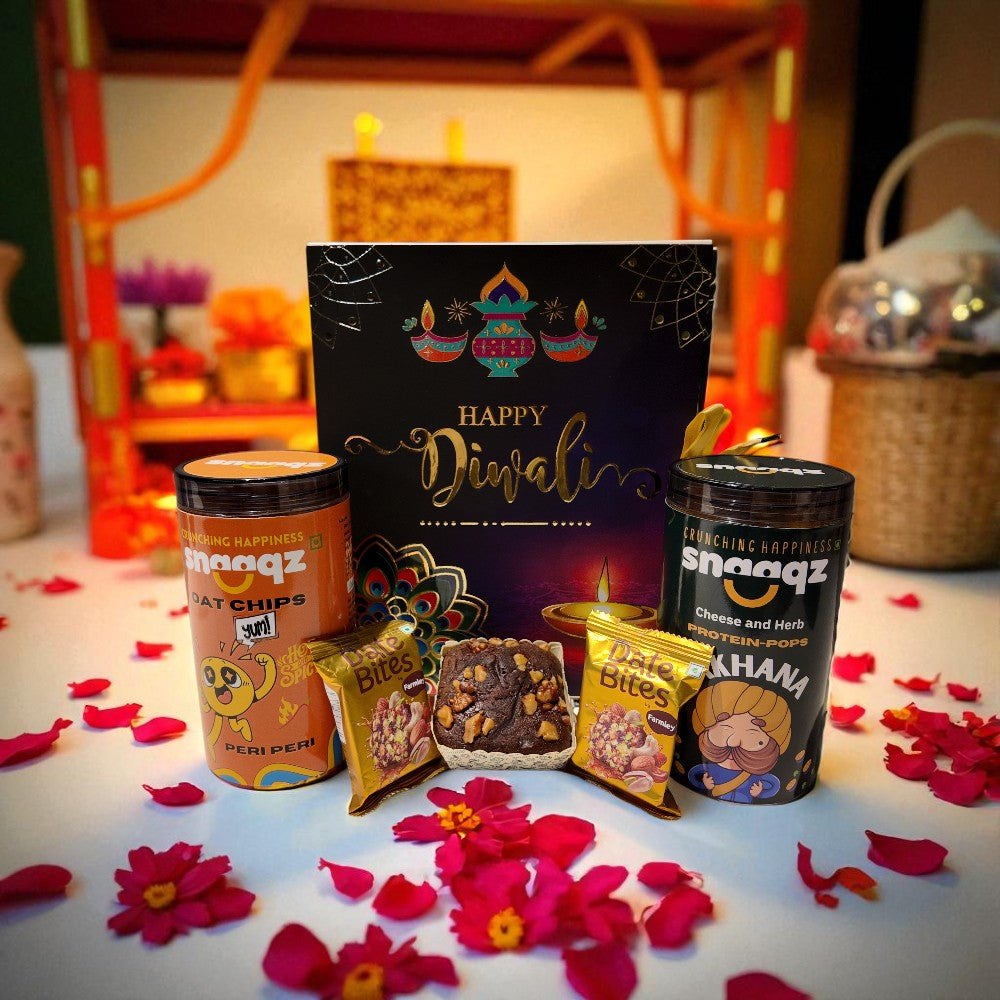 SNAAQZ Gift Hamper | 5-in-1 Healthy Snack Box with Peri Peri Oat Chips, Cheese & Herbs Makhana, 2 Date Bites & 1 Mini Dry Cake