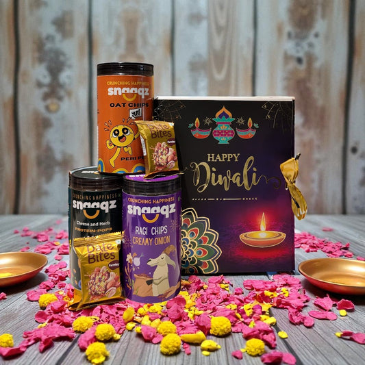SNAAQZ Diwali Gift Hamper | 5-in-1 Healthy Snack Box with Peri Peri Oat Chips, Cheese & Herbs Makhana, Ragi Chips Cream & Onion & 2 Date Bites