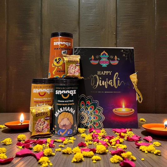 SNAAQZ Diwali Gift Hamper | 5-in-1 Healthy Snack Box with Peri Peri Oat Chips, Himalayan Pink Salt Makhana, Cheese & Herbs Makhana & 2 Date Bites
