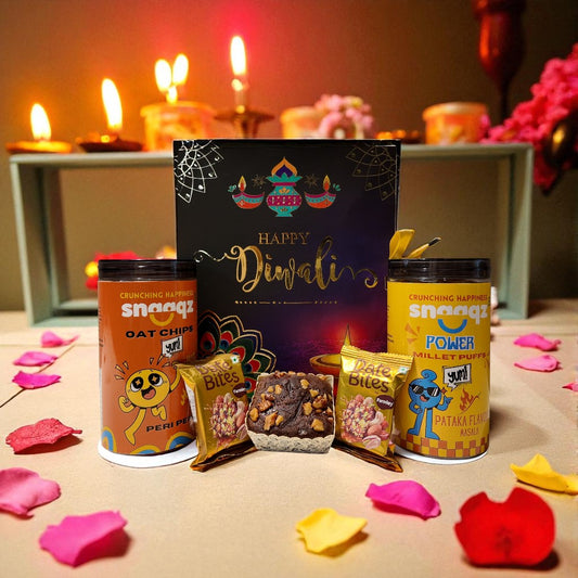 SNAAQZ Diwali Gift Hamper | 5-in-1 Healthy Snack Box with Peri Peri Oat Chips, Power Millet Puffs, 2 Date Bites & 1 Mini Dry Cake