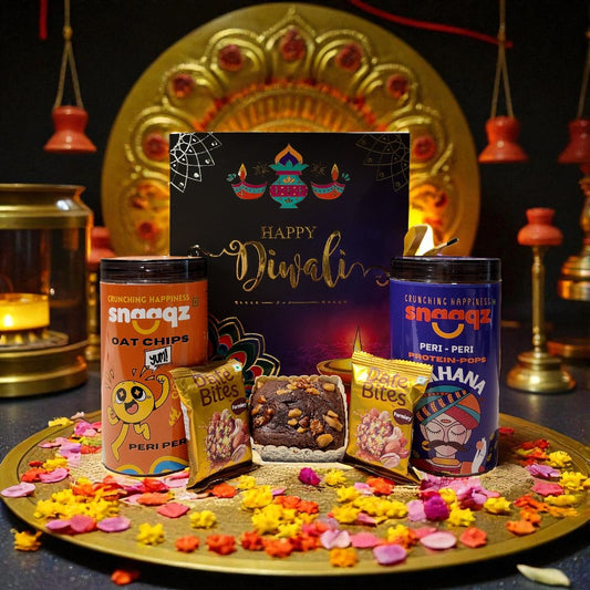 SNAAQZ Diwali Gift Hamper | 5-in-1 Healthy Snack Box with Peri Peri Oat Chips, Peri Peri Makhana, 2 Date Bites & 1 Mini Dry Cake