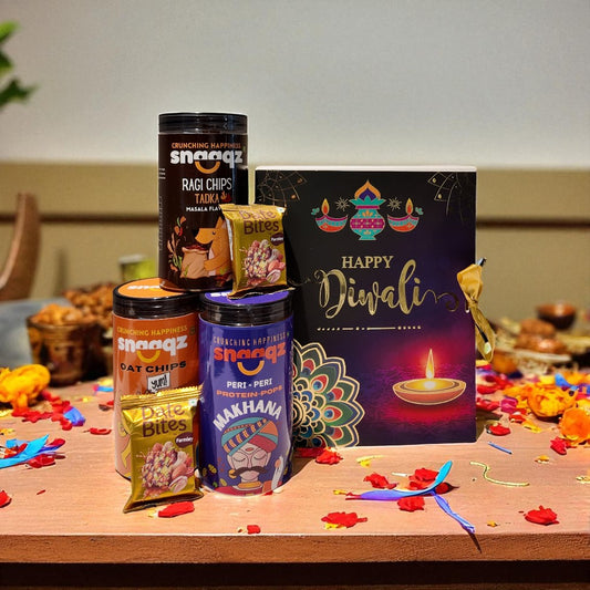 SNAAQZ Diwali Gift Hamper | 5-in-1 Healthy Snack Box with Peri Peri Oat Chips, Ragi Chips Masala, Peri Peri Makhana & 2 Date Bites