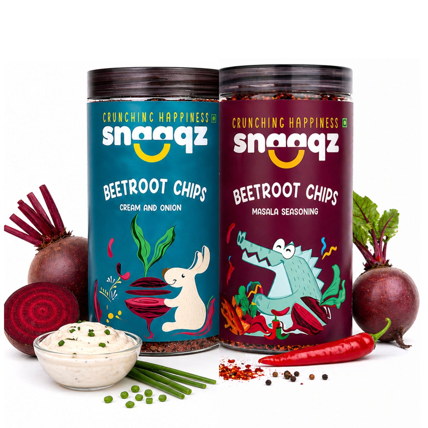 SNAAQZ Veggie Chips Duo Combo – Beetroot Chips Cream & Onion + Beetroot Chips Masala | 2 x 150 gms