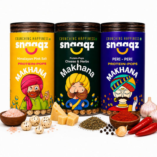 SNAAQZ Balanced Makhana Combo – Himalayan Pink Salt, Peri Peri & Cheese & Herbs | 3 x 70 gms