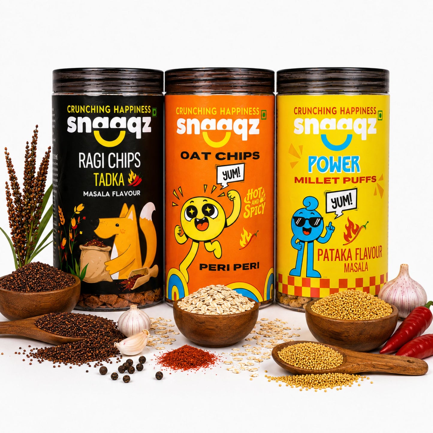 SNAAQZ Power Pack Combo – Power Millet Puffs, Peri Peri Oat Chips & Ragi Chips Masala