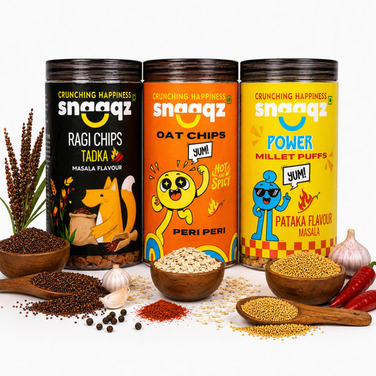 SNAAQZ Power Pack Combo – Power Millet Puffs, Peri Peri Oat Chips & Ragi Chips Masala