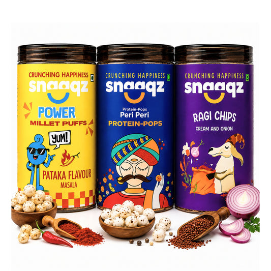 SNAAQZ Ultimate Healthy Snacking Combo – Ragi Chips, Peri Peri Makhana & Power Millet Puffs