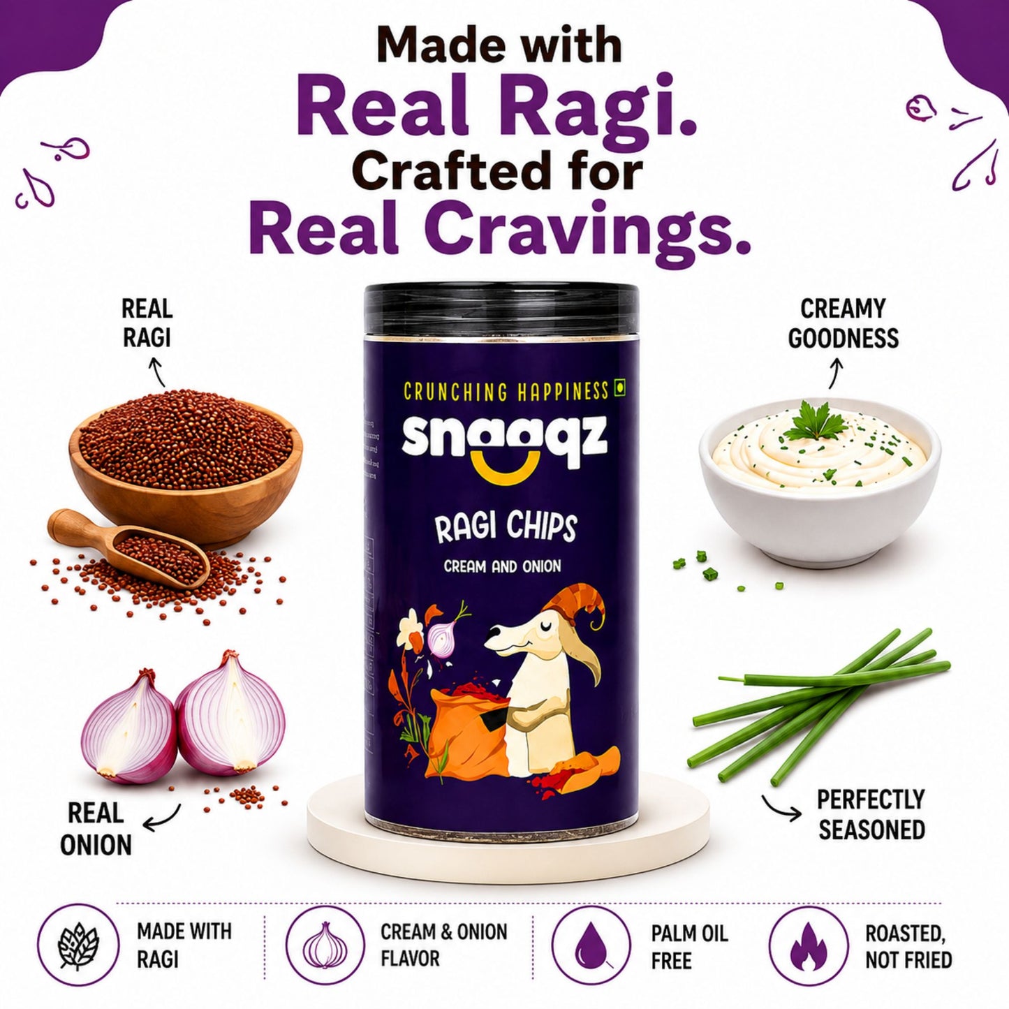 SNAAQZ Ragi Cream & Onion Chips | 150 gms
