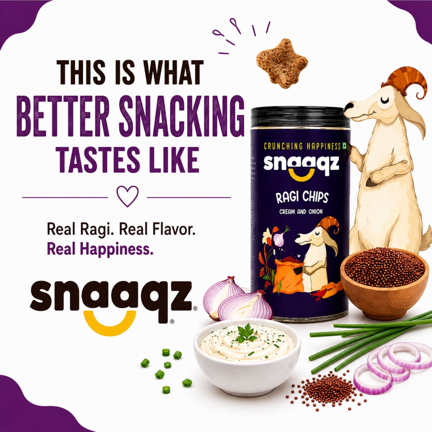 SNAAQZ Ragi Cream & Onion Chips | 150 gms