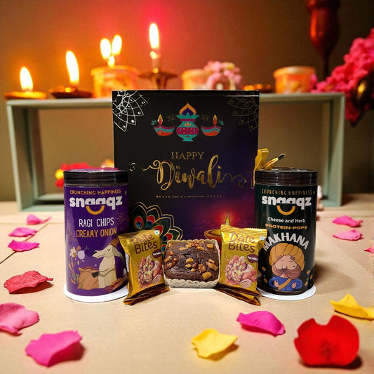SNAAQZ Diwali Gift Hamper | 5-in-1 Healthy Snack Box with Ragi Chips Cream & Onion, Cheese & Herbs Makhana, 2 Date Bites & 1 Mini Dry Cake